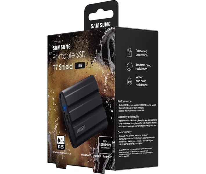 Samsung T7 Shield 1TB 外付けSSD Зовнішній SSD накопичувач Samsung T7 1ТБ (MU-PE1T0S/EU) Black