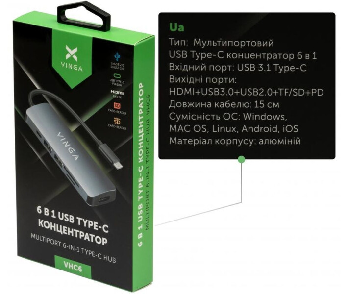 Фото - кардридер Концентратор Vinga USB Type-C 3.1 to HDMI+USB3.0+USB 2.0+SD/microSD+PD 6in1 (VHC6)