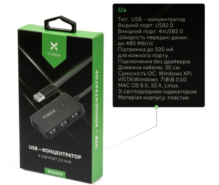 Фото - кардридер Концентратор Vinga USB2.0 to 4*USB2.0 HUB (VHA2A4)