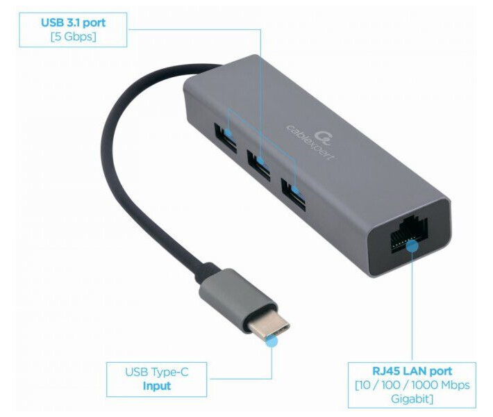 Фото - кардридер Хаб USB-C Cablexpert (A-CMU3-LAN-01) Dark Grey