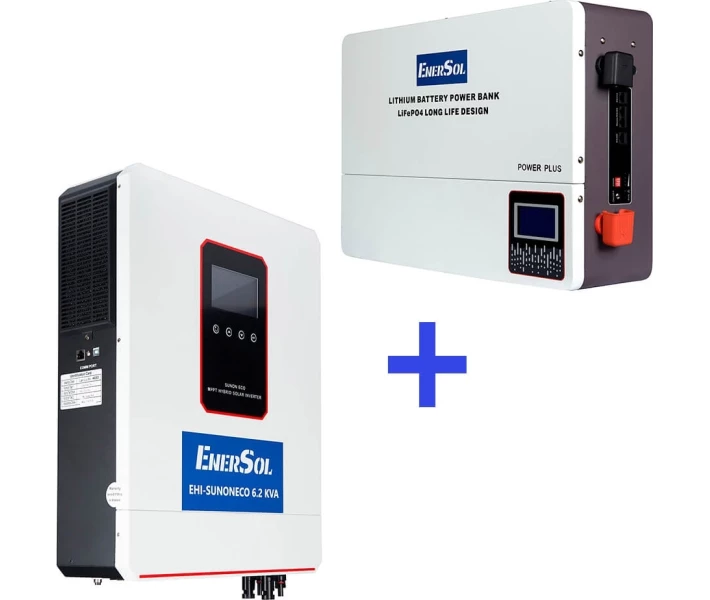 Фото - инвертор Гибридный инвертор EnerSol 6,2кВт з MPPT и Wifi (EHI-SUNONECO6.2KW) + Аккумуляторная батарея EnerSol 5,12 кВт.ч, 100Ач.