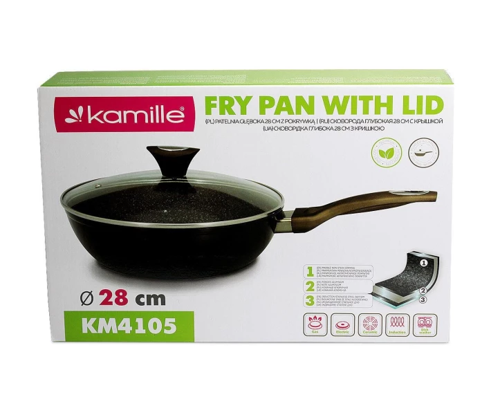 Фото - сковороду Сковорода антипригарная Kamille - 280 мм Black Marble глубокая с крышкой