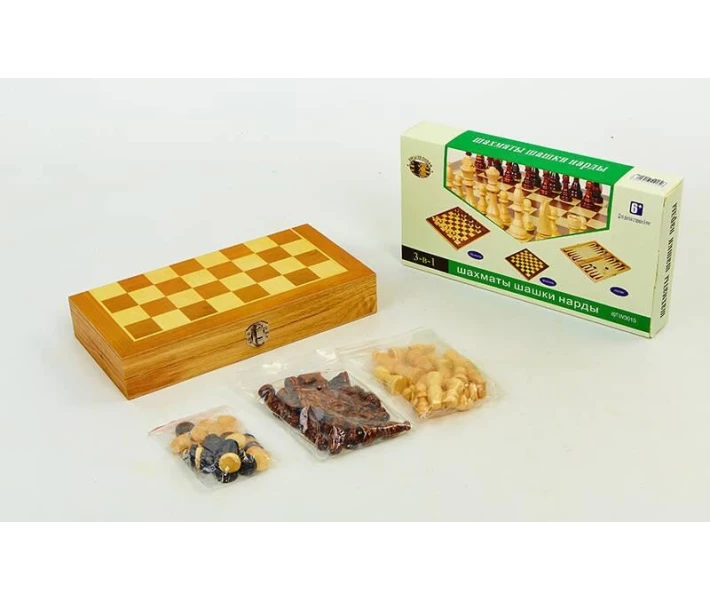Фото - настольную игру Шахматы, шашки, нарды 3 в 1 деревянные W3517 (фигуры-дерево, р-р доски 35см x 35см)