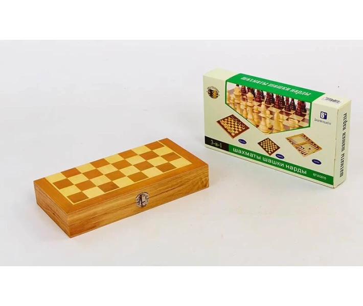 Фото - настольную игру Шахматы, шашки, нарды 3 в 1 деревянные W3517 (фигуры-дерево, р-р доски 35см x 35см)