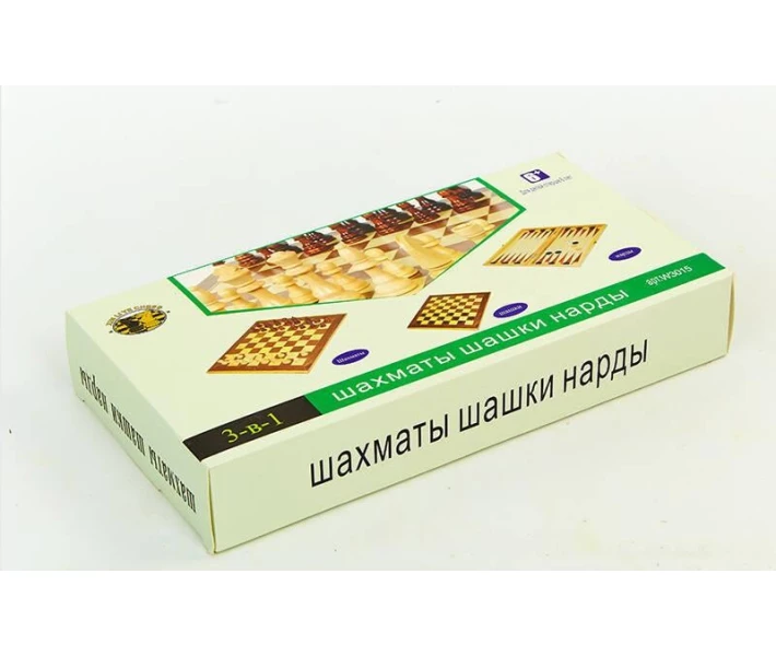 Фото - настольную игру Шахматы, шашки, нарды 3 в 1 деревянные W3517 (фигуры-дерево, р-р доски 35см x 35см)