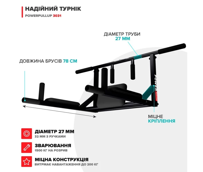 Фото - шведскую стенку Настенный турник с брусьями PowerPullUp 4в1 c упором для пресса черный