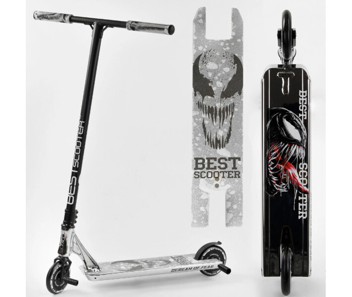 Фото - самоката Самокат трюковой Best Scooter "SIMBIOTE" HIC-система ПЕГИ алюминиевый диск и дека колеса 120 мм PU в коробке Серебро (65030)