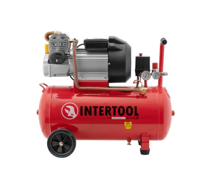 Фото - компрессор Компрессор 50 л, 4 HP, 3 кВт, 220 В, 10 атм, 420 л/мин, 2 цилиндра. INTERTOOL PT-0007