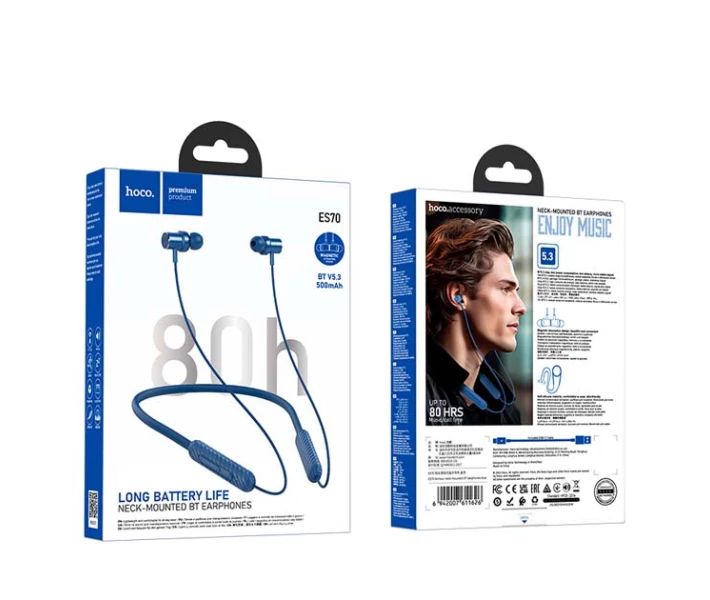 Фото - наушники Наушники Bluetooth Hoco ES70 Wireless Comfort Magnetic беспроводные вакуумные с микрофоном для бега и спорта 90H Bluetooth 5.3 500 мАч 0.9М Синий