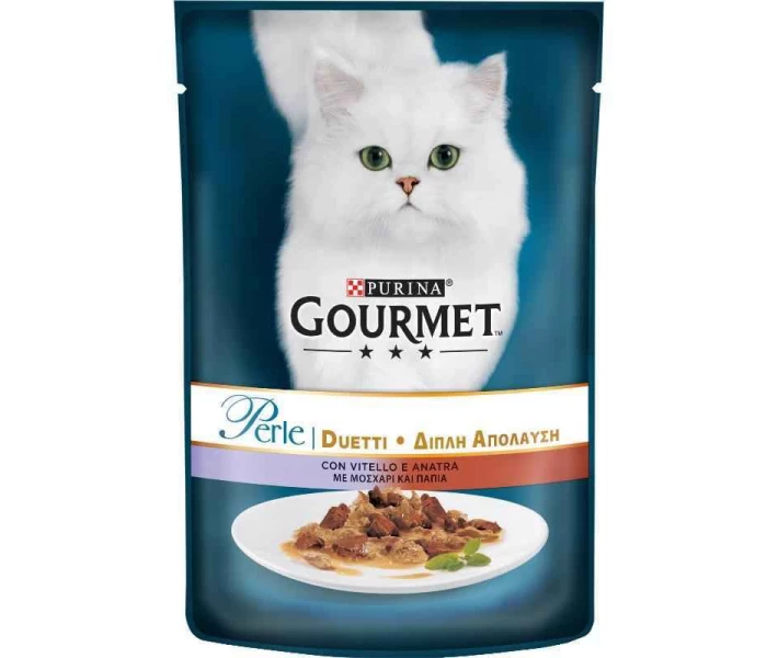 Фото - корм для кота Влажный корм Gourmet (Гурмэ) Perle Duo с телятиной и уткой для кошек (кусочки в подливе), 85 г (47340)