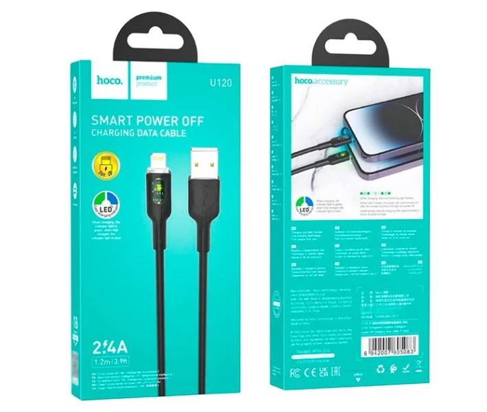 Фото - адаптер и кабель Кабель зарядки Hoco U120 (2.4A) (1.2M) USB to Lightning для устройств IP iOs Apple Черный