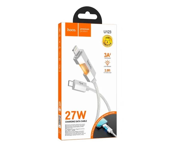 Фото - адаптер и кабель Кабель зарядки Hoco U123 27W (3A) (1M) Type-C to Lightning LED indikator быстрая зарядка для iOS устройств iPhone/iPad/iPod Серый
