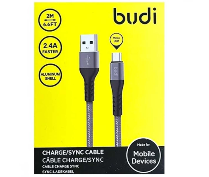 Фото - адаптер и кабель Кабель зарядки Budi M8J197M-GRY (DC197M20H) USB to Micro USB (2.4А) (2M) для зарядки и синхронизации для смартфонов, планшетов, плееров, фотоаппаратов Серый