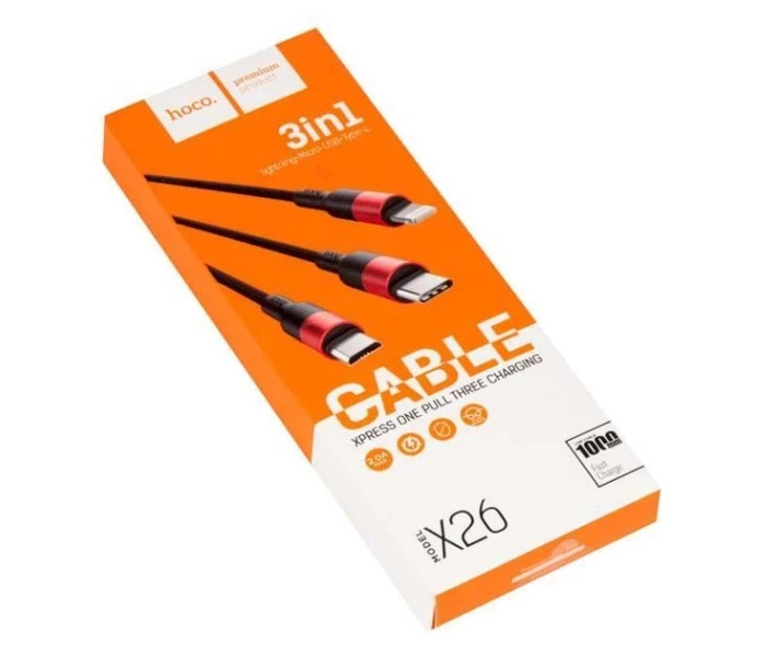 Фото - адаптер и кабель Кабель сетевой HOCO X26 3in1 USB - Lightning + MicroUSB + Type-C 1М 2А Черный-Красный