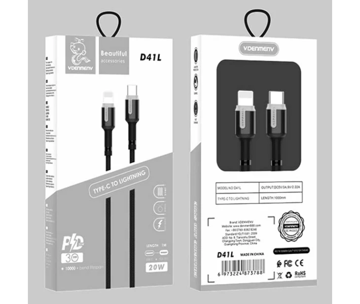 Фото - адаптер и кабель Кабель зарядки DENMEN D41L (20W) (1M) и синхронизации для Apple Type-C - Lightning для устройств iPhone, iPad, iPod touch Серый