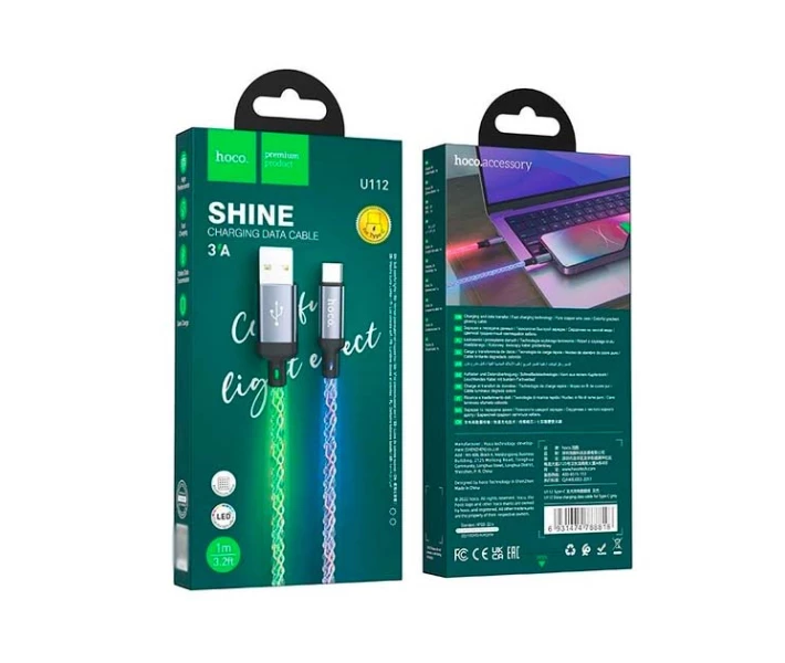 Фото - адаптер и кабель Кабель зарядки Hoco U112 Shine 3А 1М LED Charging Data Cable для USB-Type-C для телефона/смартфона Серый