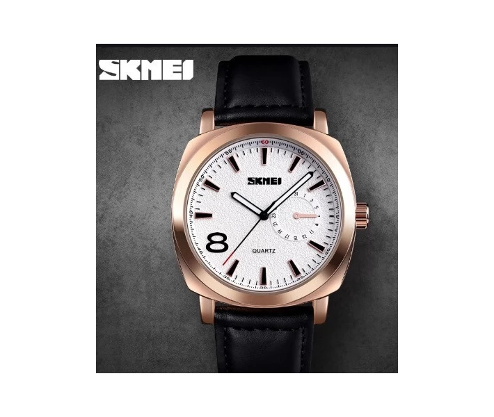 Фото - наручные часы Мужские часы Skmei 1466 кварцевые черная кожа золотые (158282)