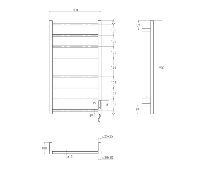 Фото - полотенцесушитель Электрический полотенцесушитель R, 120W, 500*900мм, сталь 304, 8 перемычек (4-4) квадрат, таймер, термостат 70°С, de la noche VOLLE CUADRO (9234.000004)