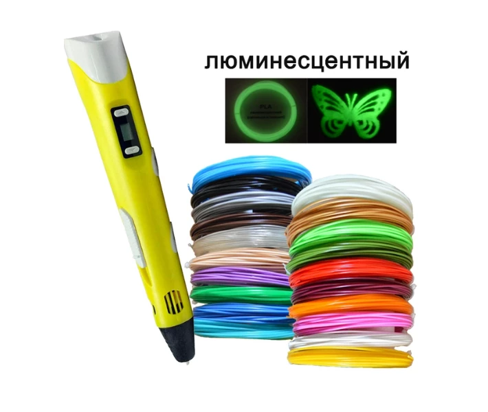 Фото - 3D-ручку 3D-ручка с разноцветным Эко Пластиком 150 м (15 цветов) c Трафаретами и Светящимся пластиком с экраном Желтый