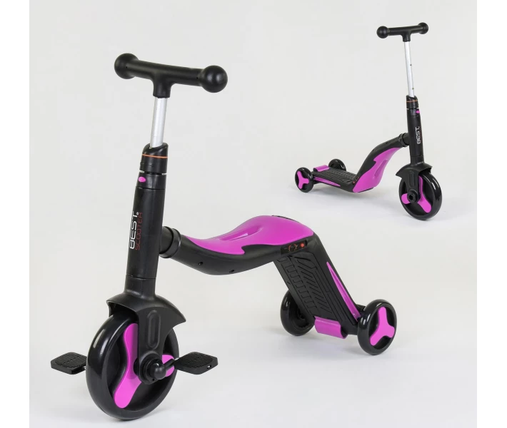 Фото - самоката Детский Самокат Беговел Велосипед трансформер 3 в 1 Best Scooter JT 70708 Свет, 8 мелодий, колёса PU Чёрно-Розовый (70708)