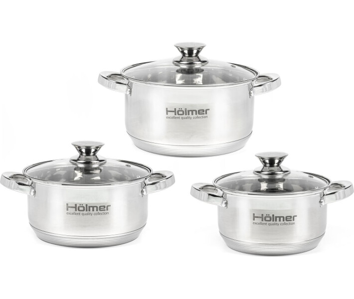 Фото - набор посуды Набор кастрюль Hölmer, нерж.сталь (1.5 л/2.7 л/5 л)(CS-1652-SS)