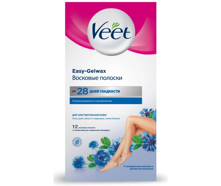 Фото - восковую полоску Восковые полоски для депиляции VEET для чувствительной кожи с витамином Е и миндальным маслом, 12 шт (5900627027259)