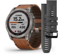 Купить - смарт-часы  Смарт-часы Garmin fēnix 7X Sapphire Solar Titanium with Chestnut Leather Band (+ graphite silicone band) (010-02541-19)
