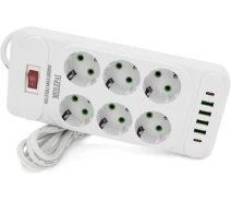 Купить - сетевой фильтр  Сетевой фильтр Voltronic F33U, 6 розеток EU+4 USB+2 PD, кнопка включения с индикатором, 2 м, 3х0,75мм, 2500W, Whit