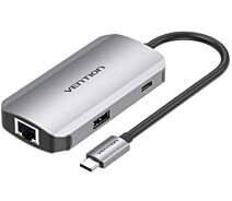 Купить - кардридер  Док-станция Vention USB3.1 Type-C --> USB 3.0x3/RJ45 Gigabit/PD 100W Hub 5-in-1 (TNFHB)