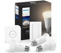 Купить - лампу  Лампа светодиодная-смарт Philips Hue 2700 K White, стартовый комплект (Bridge, Dimmer, лампа E27 3 шт) (929001821620)
