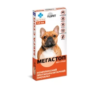 Купить - противопаразитарное средство для кота  МЕГА СТОП Комплексный препарат против блох и клещей для собак от 4 кг до 10 кг 1 уп. 4 пипетки Природа BGL-PV-08