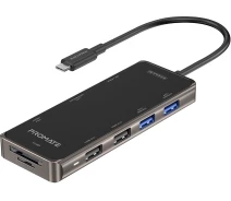 Купить - кардридер  USB-C хаб 9-в-1 Promate PrimeHub-Go USB-C PD/HDMI/2xUSB 3.0/2xUSB 2.0/RJ45/SD/MicroSD Grey (primehub-go.grey)