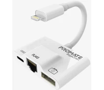 Купить - кардридер  Адаптер Promate GigaLink-i Lightning to RJ45 Ethernet порт + Lightning порт + USB 3.0 порт 0.12 м White (gigalink-i.white)
