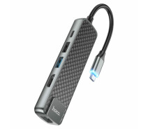 Купить - кардридер  USB-HUB адаптер Hoco HB23 EASY VIEW TYPE-C HDMI/Type-C/USB3.0/USB2.0/RJ45/PD 3A 60W 13,5cm Metal Gray
