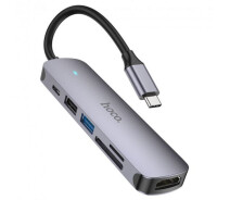 Купить - кардридер  USB Hub адаптер Hoco HB28 Type-C HDTV/USB3.0/USB2.0/SD/TF/PD, Metallic gray