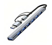 Купить - кардридер  USB HUB 7 in 1 (USB 3.0/7 USB ports/480 Мб/с) + переходник Type - C, Grey