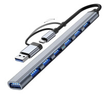 Купить - кардридер  Type-C хаб с адаптером на USB, концентратор / разветвитель для ноутбука Addap UH-04D, на 7 портов USB, Gray