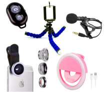 Купить - набор блогера  Набор Блогера 5 в 1 Штатив для телефона Bluetooth кнопка Селфи кольцо Набор линз Микрофон петличный