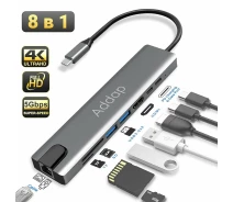 Купить - кардридер  Мультифункциональный USB Type-C хаб Addap MH-04, 8 в 1: HDMI/HDTV + PD + USB C + SD + TF + RJ45