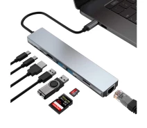 Купить - кардридер  USB HUB адаптер Type-C to HDMI 4K / SD / TF / 2USB3.0 / 2Type-C 87W / RJ45, Grey
