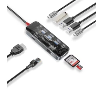 Купить - кардридер  USB-C хаб 9-в-1 Promate TransHub-Go USB-C PD/HDMI/USB-C/USB-А 3.0/2хUSB-А 2.0/RJ45/SD/TF Grey (transhub-go)