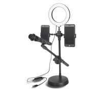 Купить - набор блогера  Кольцевая светодиодная LED лампа RIAS HA-12 9см с держателем для микрофона и телефона Black