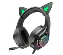 Купить - наушники  Наушники HOCO W107 Cute cat luminous cat ear gaming headphones черно зеленые 6931474791269 (109373)