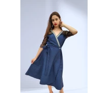 Купить - повседневное платье  Женское платье с кружевными рукавами на запах в мелкий горошек Синее 3510 XL (48-50)