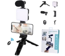 Купить - набор блогера  Набор Блоггера 4в1,тринога Для Телефона С Микрофоном И Вспышкой Штатив Трипод Для Селфи И Видео (208990)