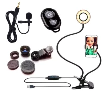 Купить - кольцевой свет  Кольцевая LED лампа на прищепке с гибким держателем для телефона, набор линз, микрофон, Bluetooth кнопка
