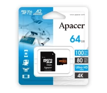 Купить - карту памяти  Карта памяти Apacer microSDXC UHS-I U3 64GB V30 A2 +SD адаптер (AP64GMCSX10U8-R)