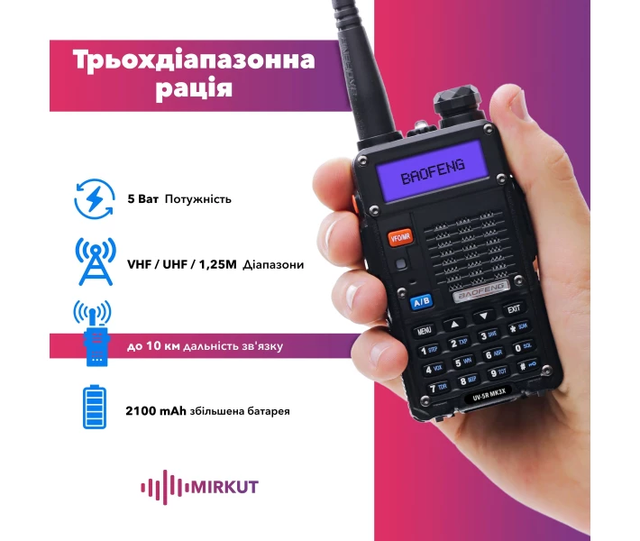 Фото - рацію Рація трьохдіапазонна Baofeng UV-5R MK3X, 5 Ватт, з посиленим акумулятором 2100 mah, гарнітурой та Шнурком на шию