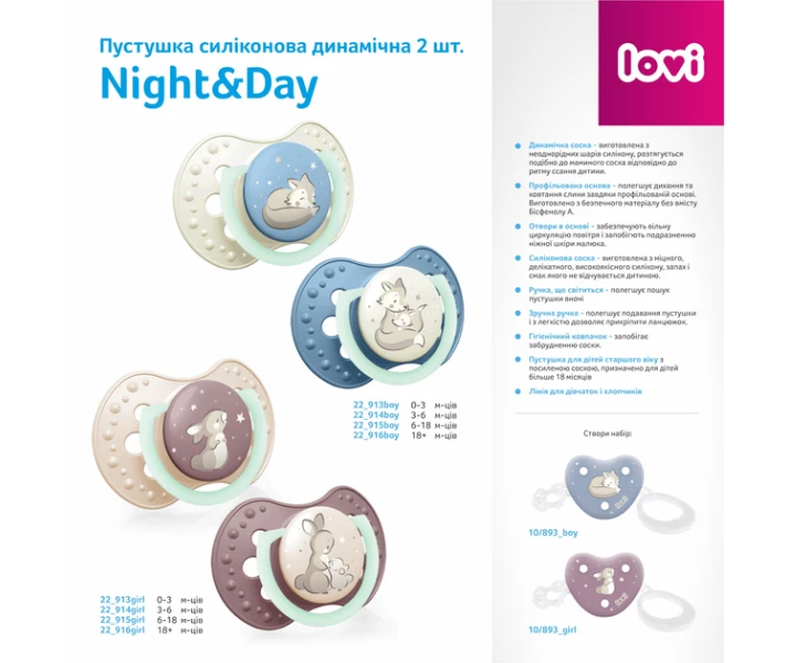 Фото - пустушку Пустушка силіконова динамічна LOVI 18+ міс. 2 шт. Night&Day Boy (22/916boy)