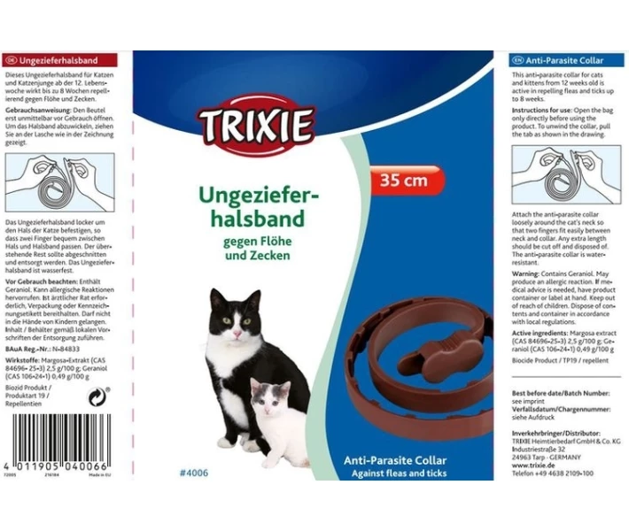Фото - протипаразитарний засіб для кота ашийник Trixie для котів антиблошиний біо арт.4006(4011905040066)